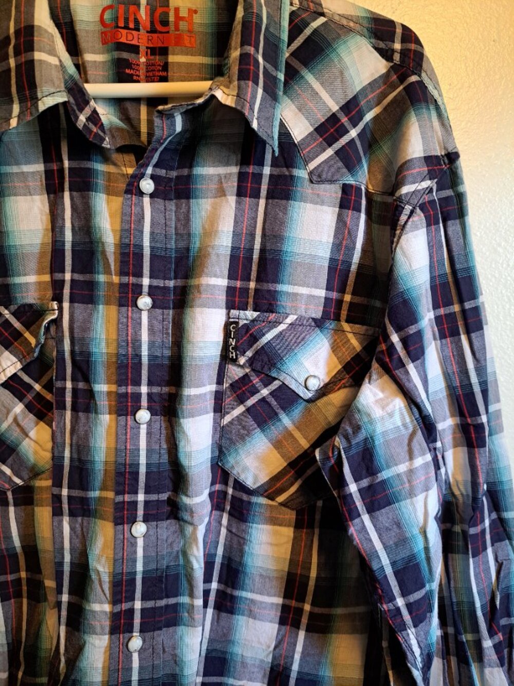 Cinch Blue & Red Plaid Pearl Snap Modern Fit Western Cowboy Long Sleeve Shirt - Picture 3 of 6